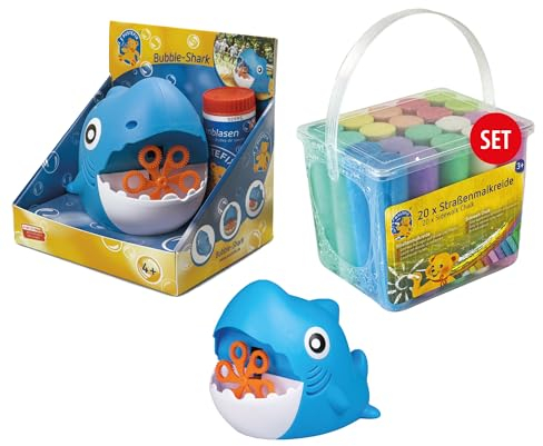 PUSTEFIX Mini Seifenblasenmaschine Hai & MALEFIX Straßenkreide 20er Packung I Seifenblasen Kinder Set I Bubble Spaß bei Kinderpartys & Geburtstagen