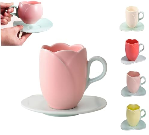 Eunmsi Tazza da caffè in ceramica, tazza da caffè a forma di tulipano, graziosa tazza rosa da donna con piattino, tazza creativa e carina in ceramica, tazza universale per acqua calda e fredda (rosa,