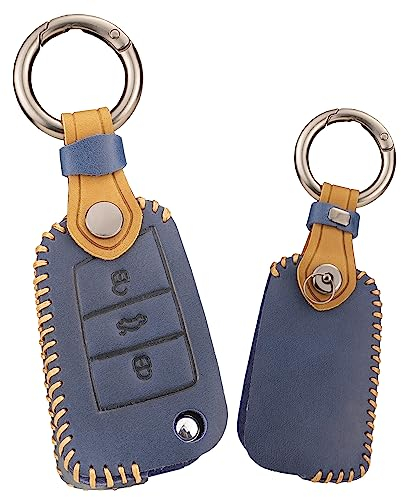 ontto Auto Schlüsselhülle Cowhide Fernbedienung Schlüssel Cover Abdeckung Passt für Skoda Karoq Octavia Superb für VW Golf 7 Jetta Touran T-ROC Polo Autoschlüssel Hülle Schlüsselanhänger 3 Taste-Blau