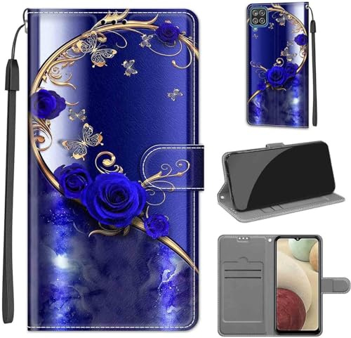 Handyhülle für Samsung Galaxy A12 Hülle, Blaue Rose | Standfunktion, Kartenfach, Magnetisch, Stoßfeste Schutzhülle, Flip Leder, Klapphülle