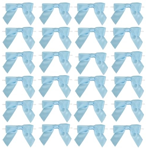 Dooozy 36 Stück 3.5 Satin Schleife, Mini Geschenkschleifen aus Vorgebunden Schleifen Satinband für Geschenk DIY Keks Bonbontüten Weihnachtsbaum Hochzeitsdeko(Hellblau)