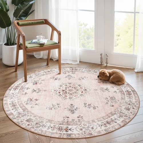 Lahome Waschbarer, runder Teppich, 1,8 m, weicher europäischer Vintage-Teppich für Kinderzimmer, Mädchen, Schlafzimmer, rutschfest, Blumenmuster, Pastellfarben, runder Teppich für Wohnzimmer, Ecken