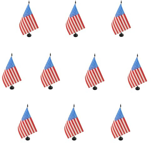 AZ FLAG - Lot de 10 Drapeau De Table USA 48 étoiles 21x14 cm - 10 Petits Drapeaux Américain - Etats-Unis De Bureau 100% Polyester Avec Hampe De 25cm Et Socle En Plastique Noir