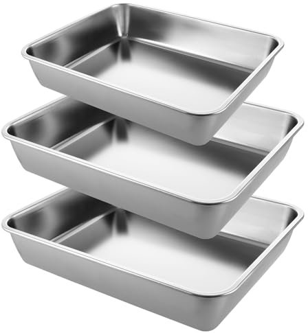 MEIDIV Rectangle Cake Tin Set of 3, Tray Bake Tins for Baking, Stainless Steel Oven Tray, Baking Tray Set, Deep Cake Pans Cake Trays for Baking Cookie Cake Lasagne(30x24x5.6CM, 25x20x5.6CM)