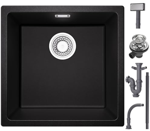 CECIPA Fregadero de Cocina 45 * 44 * 20cm, Fregadero Negro Sobre Encimera, Fregadero de Granito, Fregadero Cocina 1 Seno, Fregaderos Modernos para Cocina, Kitchen Sink, Fregadero Pequeño Rectangular,