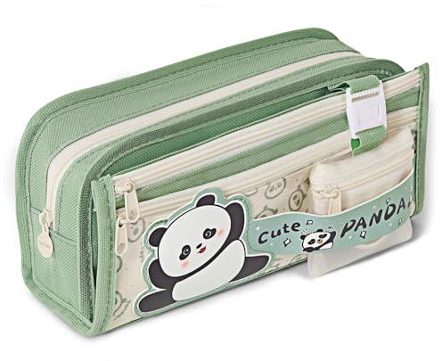 Kulamo Federmäppchen mit 4 Fächer, Federtasche große Kapazität, Federmappe für Mädchen, Jungen, Mäppchen Teenager - Grün, Cartoon-Panda Druck