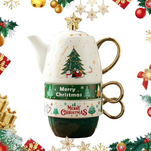 Teiera e Tazza Babbo Natale Teiera Ceramica Servizio Da Tè 3 Pezzi Squisita Confezione Regalo Caffè Tazze da The per Il tè Pomeridiano Della Festa di Natale (Albero di Natale)