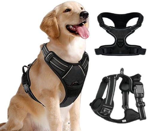 Vnvnvnv Dog Harness for Medium Dogs, No Pull Anti-Pull Heavy Duty Adjustable Vest with 2 Leash Clips, Reflective Strips Safety Design for Walking, Training, Hiking (Medium, Black)