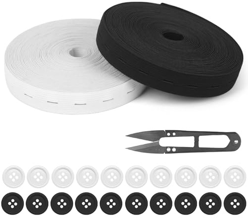 ZMDMAH Lot de 2 rouleaux de ruban en caoutchouc de 14 m avec œillets, bande élastique de 20 mm et 20 boutons avec ciseaux, tendeur de taille pour vêtements, bandeau, boutons