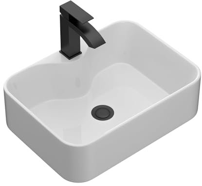 Lordear Fregadero rectangular de 48 x 38 cm sobre el mostrador, de porcelana blanca, cerámica, moderno, lavabo artístico con agujero para grifo, grifo negro y drenaje desplegable negro para baño