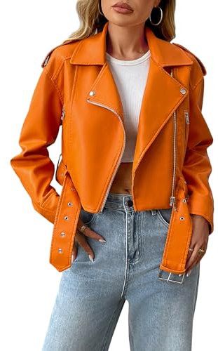 LY VAREY LIN Cropped-Jacke für Damen, Kunstleder, vegan, Motor-Biker-Mantel mit Gürtel, Orange/Abendrot im Zickzackmuster (Sunset Chevron), X-Large