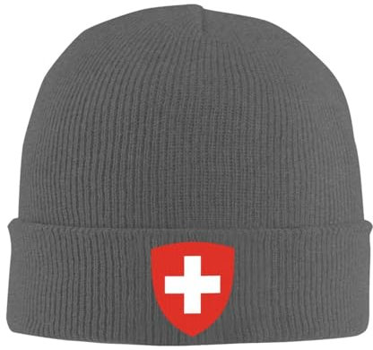 GONMFKM Unisex Beanie Mütze Strickmütze - Herren Damen Wintermütze Schweiz Flagge Strickmütze Bündchenmützen Weiche Streetwear Kopfbedeckung Slouch Beanie Trawler Beanie Acryl Uhrenmütze Dunkelgrau