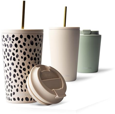 MAMEIDO Thermobecher mit Strohhalm 470ml, Trinkbecher mit Deckel und Strohhalm aus Edelstahl doppelwandig isoliert, auslaufsicher, Coffee to go Becher (Almond Flakes, 0,47l)