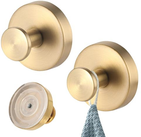 2Pcs Suction Hooks, Vacuum Shower Suction Cup Hooks Holder, Towel Storage Holder Heavy Duty Self Adhesive Stainless Steel Waterproof Hanging Hook for Kitchen, Bathroom, Tiles, Robes Glass Door (Gold)