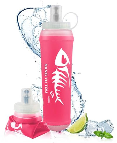 badaren Soft Flask 500 ml, Flasque Souple, Gourde Souple, Bouteille Pliable Sans BPA, Réutilisable, Flasque Running Adaptée pour Les Voyages en Plein Air, La Course, La Randonnée, l'Escalade (Rose)