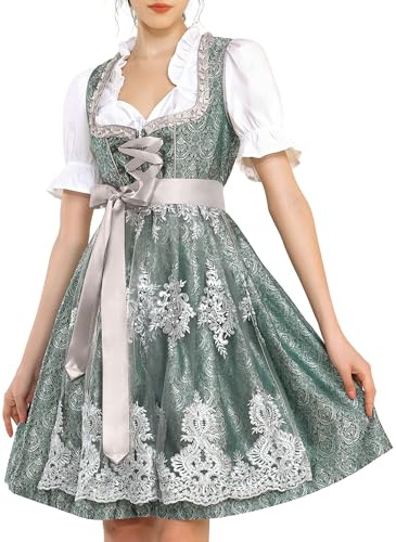 Dirndl Damen Midi Dirndlkleid Trachtenkleid Lang Trachtenrock 3 Teilig | Dirndl Damen Oktoberfest Outfit Dresses Trachten Dirndelkleider Komplett Set mit 3 Teilig Dirndl Bluse Dirndlkleid Schürze
