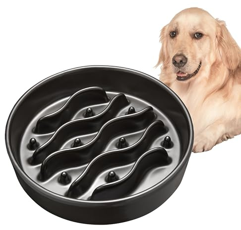 Ceramic Slow Feeder Dog Bowls for Medium and Large Breed, 8-Inch Dog Slow Feeder Bowl for Fast Eaters, 33oz, Dark Gray