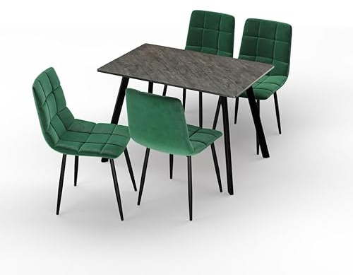 URBNLIVING 110cm Dining Table & 4 Velvet Chairs Set – Modern Metal Frame Kitchen Furniture, Contemporary Dining Room Set - Slate Grey Table Green Chair