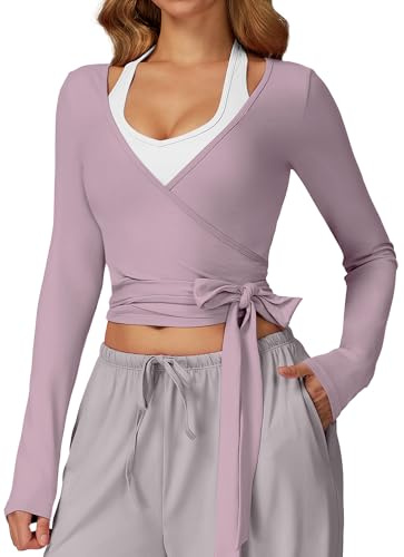 FEOYA Damen Yoga Wickelshirt V Ausschnitt Ballett Wrap Top Slim Fit Pilates Tops Sport Langarmshirt Tanz Bolero Wickeltop