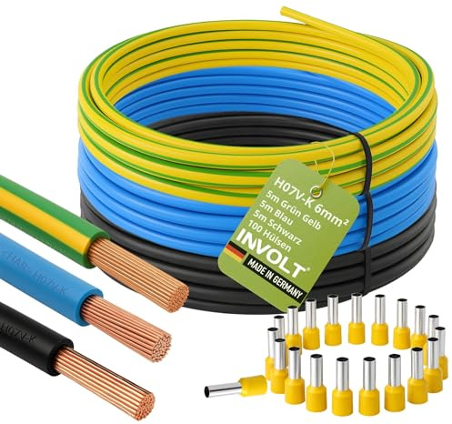 INVOLT Set di cavi H07V-K da 6 mm², 3 cavi da 5 m, 100 terminali