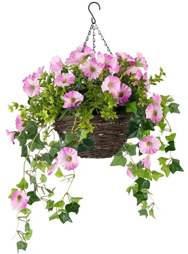 CHRISTOW Artificial Petunia Hanging Basket, Pink, 25cm | Ready to Hang Wicker Basket, Realistic Petunias, Gypsophila & Ivy, UV-Protected Foliage, Triple Steel Hanging Chain with Hook
