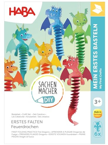 HABA Sachenmacher Bastelset Erstes Falten Feuerdrache (6er Set) – Drachen basteln ab 3 Jahren, Hexentreppen Falt-Set für Kinder, Fensterdeko für Kita & Zuhause - 2013241