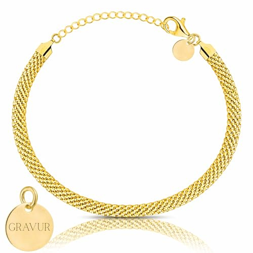 ZELYA vergoldete 925 Silber Tub Armband – breite 5 mm Damen Armband Gold 585 14K, 17–20 cm wählbar, massives gold 925/585, personalisierbare Gravur, Geschenkarmband in Geschenkbox