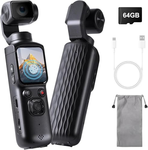 LAMA Vlog Kamera Videokamera 4K 64MP Mini Tragbare Actionkamera mit 320° Gedrehtes Objektiv 64GB Karte, 1,7'' HD-Touchscreen Action cam Körperkamera mit Autofokus & EIS für Vlogging Sport Outdoor
