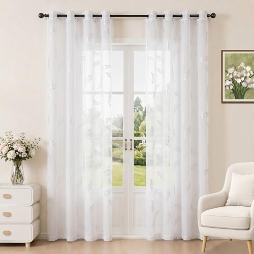 Ystyle Voile Gardinen mit Ösen 2er Set, 140x225 cm, Weiß | Vorhang Transparent mit Romantischer Silber Feder Muster, Moderne Gardinen Transparent, für Schlafzimmer und Wohnzimmer