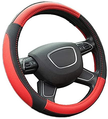 Finoki Auto Universal Anti Rutsch Atmungsaktive Lenkradhülle Lenkradbezug Lenkradschoner aus Mikrofaser-Leder (36-38cm)(Rot)