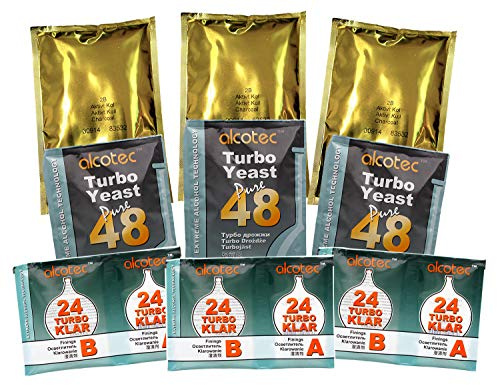 Alcotec 3x 48 Turbo Yeast, TurboKlar & Liquid Carbon Homebrew Vodka Spirit