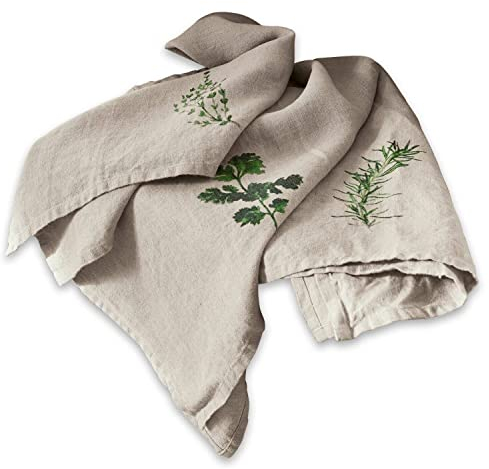 LOBERON Geschirrtuch 3er Set Herbal Gardens, mit charmantem Kräuter-Print, sommerliches Design, Geschirrhandtücher, Küchentextilien, Küchentücher, Leinen, beige/grün