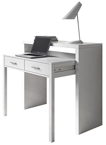 EGLEMTEK Tavolo Scrivania Consolle Allungabile Salvaspazio Estensibile 2 Cassetti 2 Ripiani 98,5 x 87,5 x 36 cm Colore Bianco