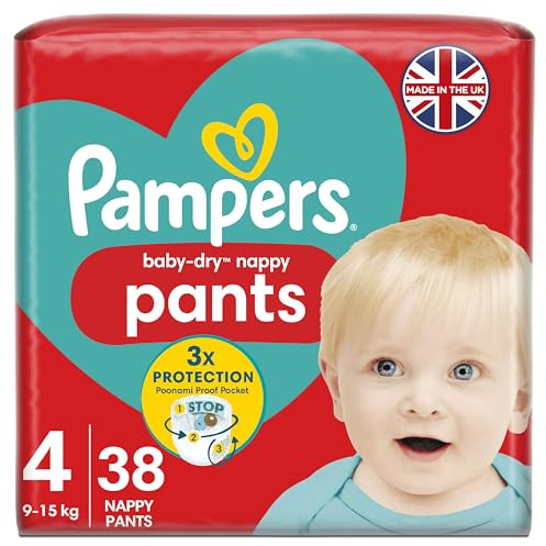 Pampers Baby-Dry Nappy Pants Size 4, 38 Nappies, 9kg-15kg, Essential Pack, 360° Fit To Help Prevent Gaps And Leaks