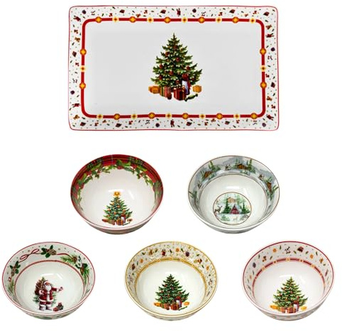 NAMAI - Set di 5 Ciotole Natalizie + Vassoio Natalizio - Porcellana - Adatti In Lavastoviglie e Microonde - Set Aperitivo Natalizio - Vassoio Natale (ciotole + piatto rettangolare)