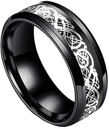 HIJONES Herren Celtic Silber Dragon Edelstahlring Schwarz Ehering 8mm Größe 50