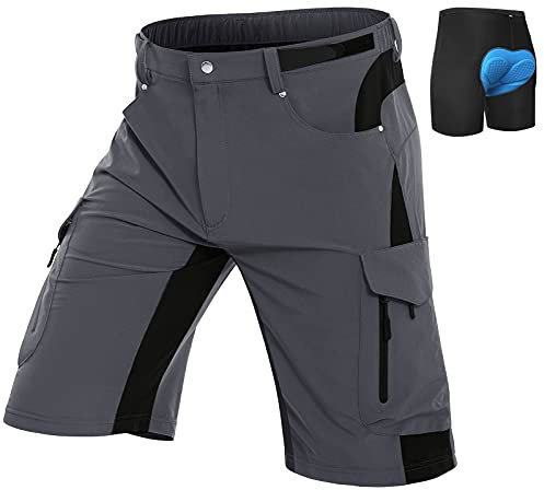 Vzteek Herren MTB Hose Fahrradhose mit Gepolstert, Schnelltrocknende MTB Shorts Mountainbike Hose Herren(Grau,XL)