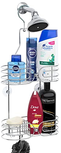 SKATCO Hanging Shower Caddy - 2-Tier Rust-Resistant Stainless Steel Shelves Chrome Rack Organizer Bathroom Basket Storage Holds Shampoo, Conditioner, Soap, Bath Sponge, Scrubs, Razors, Washcloths