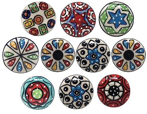 Ajuny Juego de 10 Pomos de Cerámica – Forma Redonda Multicolor – Tiradores para Armarios Muebles Cajones de Cocina Baño Tocador – Pomos Decorativos con Herrajes Cromados