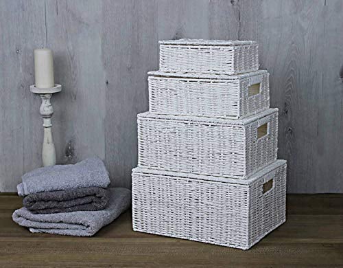 HomeZone 4-Pack White Wicker Hamper Baskets Storage Boxes With Lid And Lock, Rustic Functional, 28 cm x 36 cm x 18.5 cm