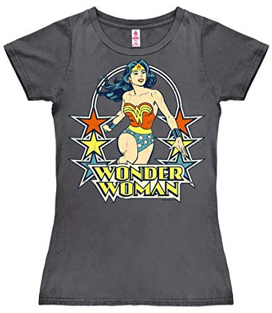 Logoshirt® DC Comics I Wonder Woman I Stars I T-Shirt Print I Damen I kurzärmlig I dunkelgrau I Lizenziertes Originaldesign I Größe M