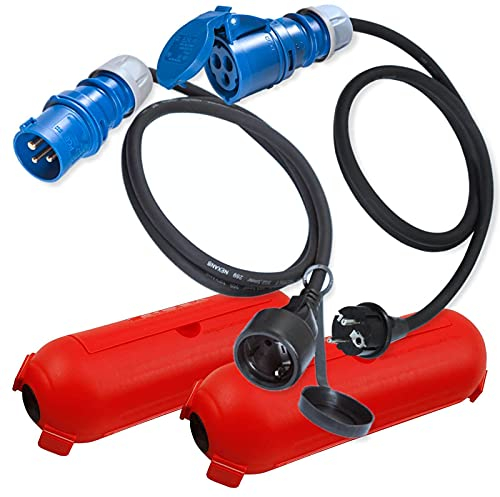 IntuiFlex CEE Adapter Schuko Stecker Kupplung 1,5m Schutzbox/Kabelbox Set Rot - Camping Zubehör Boot Wohnmobil Wohnwagen - Gummikabel H07RN-F 3x2,5mm 230V 16A Strom Adapter Campingstecker Adapter Set