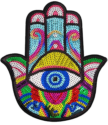 LOCOMO Große Hamsa-Auge Hand der Fatima Pailletten Bügelbild Aufnäher Funkelnd Bunt DIY Applikation Motiv für Kinder Erwachsene Kleidung Jacke Rucksack Dekoration