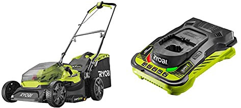 Ryobi RY18LM37A-140 18V ONE+ Cordless 37cm Lawnmower Starter Kit (1 x 4.0Ah) Amazon Exclusive & RC18150 18V ONE+ Cordless 5.0A Battery Charger