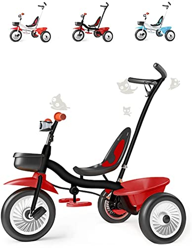 Kinderdreirad mit Schubstange, Sitz mit Sicherheitsgurt, Metallrahmen, Pedal-Freilauf, für Kinder ab 15 Monaten Dreirad Kinderdreirad mit Schubstange und 2 Bremsen (Schwarz Rot)