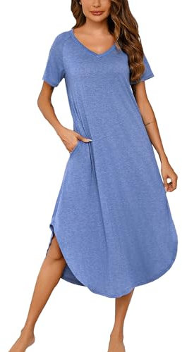 Nieery Chemise de Nuit Femme Coton Manches Courtes Robe de Nuit col V vêtements de Nuit Longue Tee Shirt Nuit avec Poche Robes Casual Femme lâche Robe Maxi