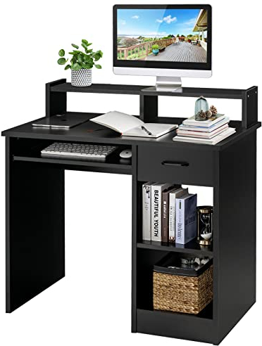 GIANTEX Scrivania per Computer, Tavolo da Lavoro con Supporto per Monitor, Tavolo da Ufficio Moderno con Cassetto e Ripiani, Scrivania per Computer con Spazio (Nero)