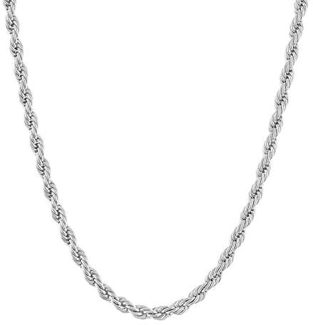 KISPER 24k White Gold Rope Chain Necklace –Thin, Dainty, White Gold Plated Stainless Steel Jewelry for Women & Men with Lobster Clasp, 16