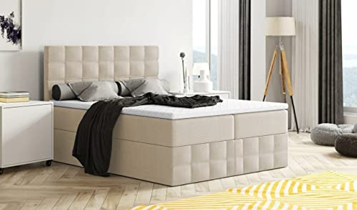 Moderne Boxspringbett MERA Premium Bett mit Bettkasten Ziernähten Bonell Matratze H3 Federkern Topper Polsterbett Doppelbett Schlafzimmer (Beige - Aura 01, 160 x 200)