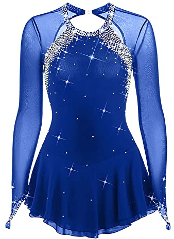 LIUHUO Robe de Patinage Artistique pour Femme - Costume de Patinage Simple et élégant, Bleu Roi, S